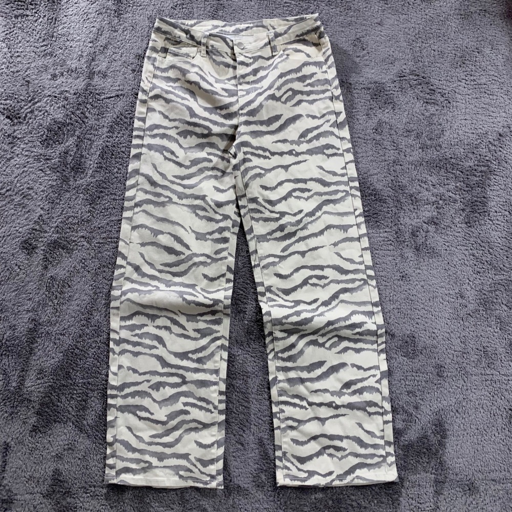 Zebra Print Straight Leg Denim Pants Grey White High Rise Size 30